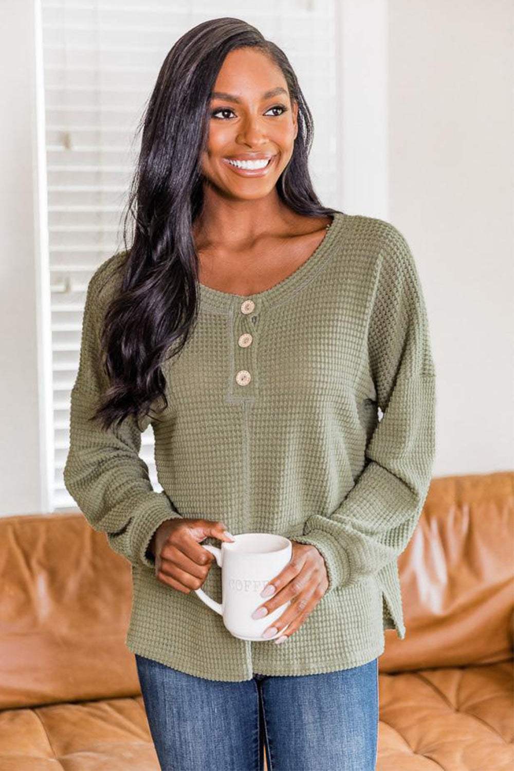 Slit Waffle Knit Long Sleeve T-Shirt - Trendsi - Flyclothing LLC