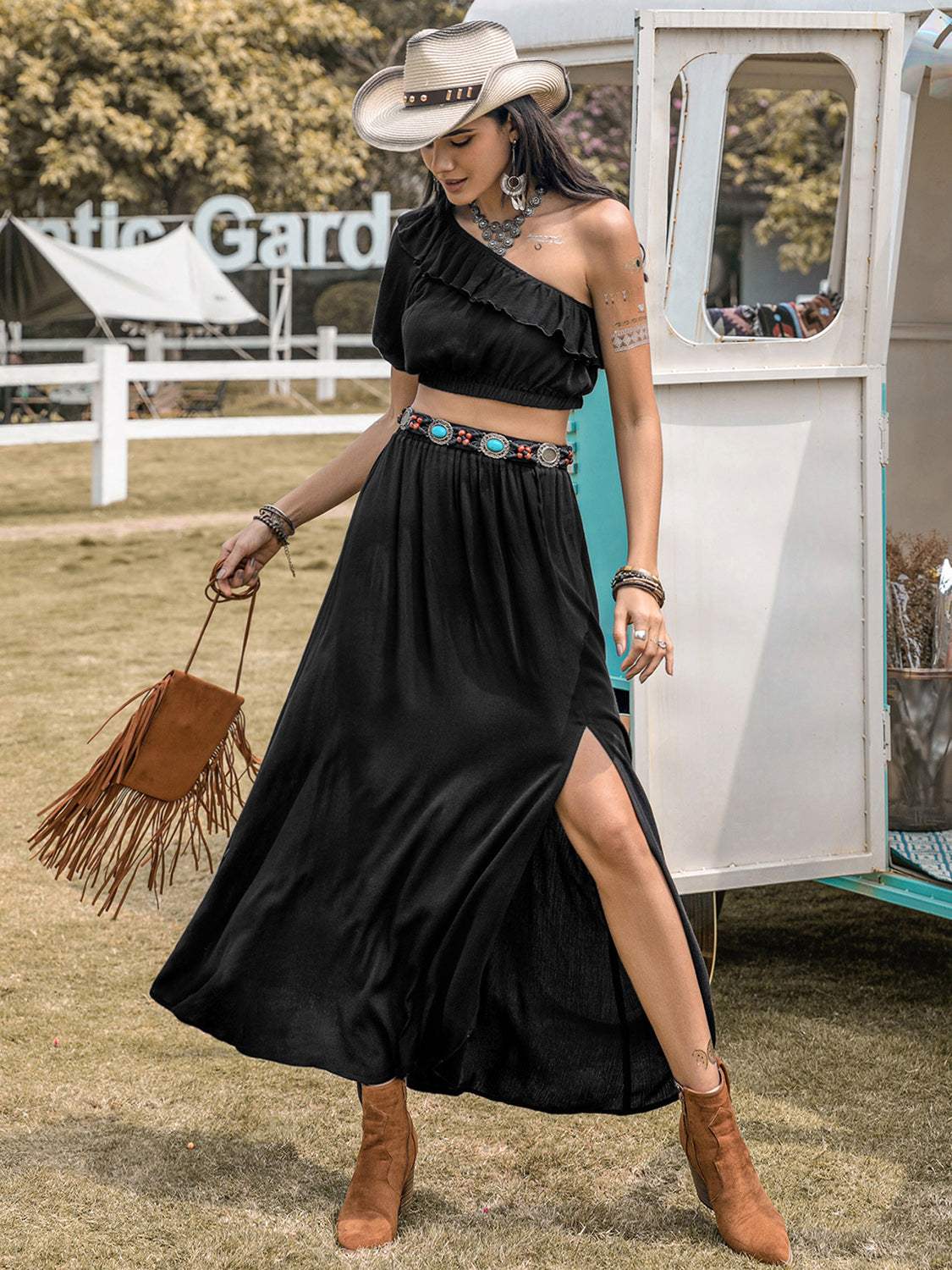 Ruffled Single Shoulder Top and Slit Skirt Set - Trendsi - Flyclothing LLC