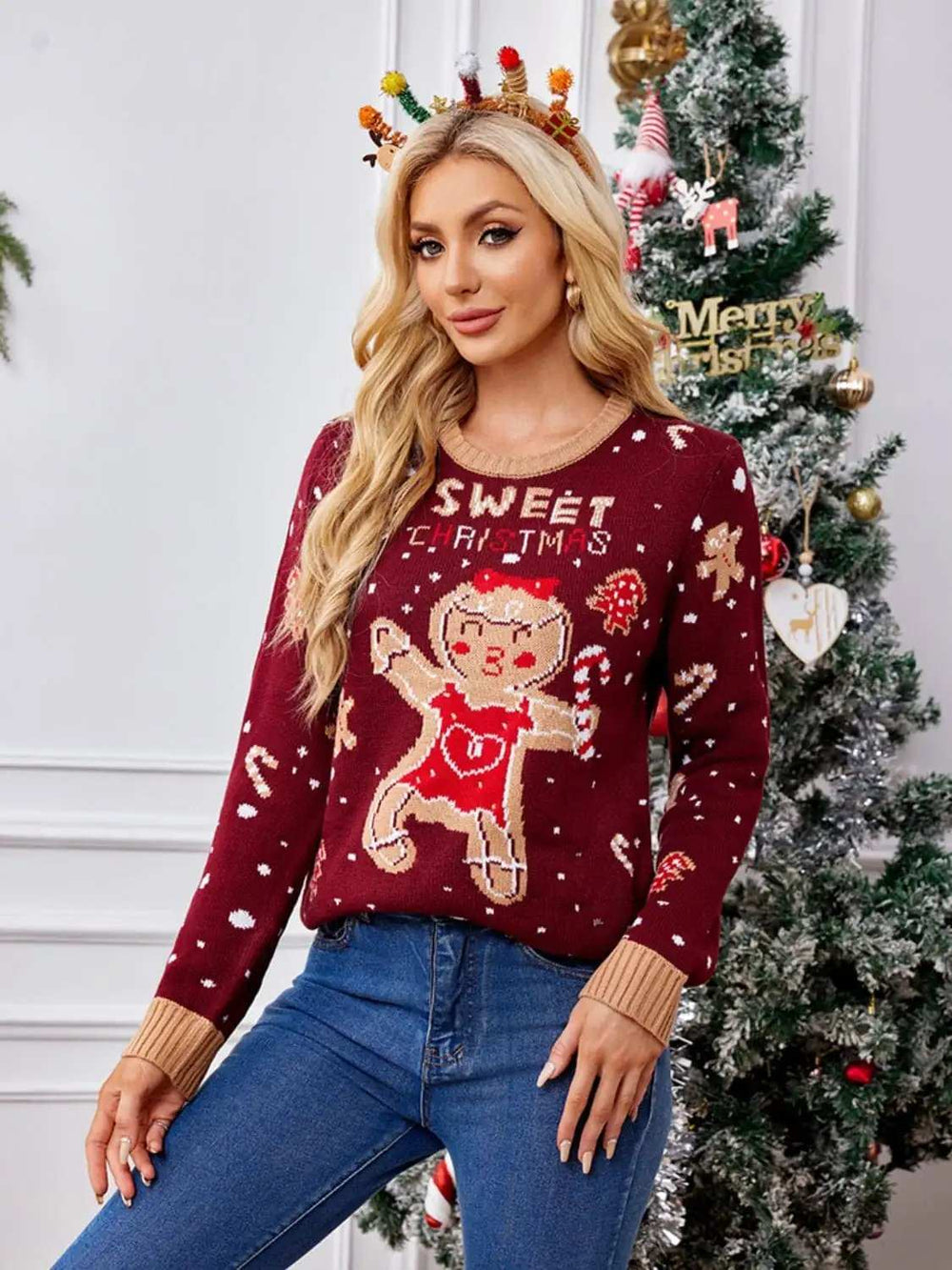 Gingerbread Round Neck Long Sleeve Sweater - Trendsi - Flyclothing LLC
