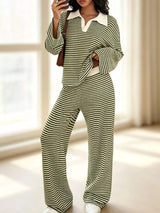 Striped Long Sleeve Polo and Wide-Leg Pants Set - Trendsi - Flyclothing LLC