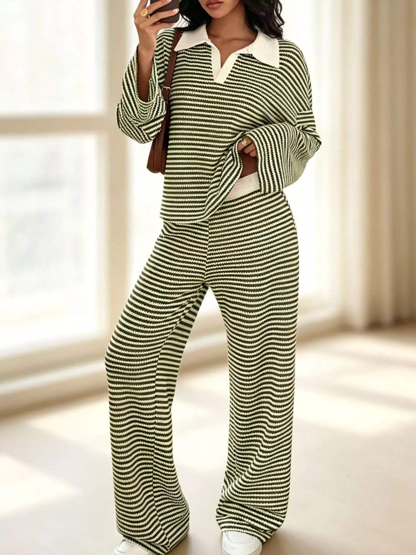 Striped Long Sleeve Polo and Wide-Leg Pants Set - Trendsi - Flyclothing LLC