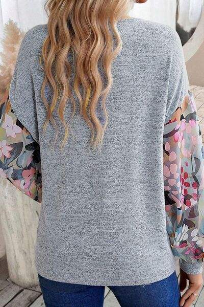 Printed Lantern Sleeve Buttoned V Neck Top - Trendsi - Flyclothing LLC