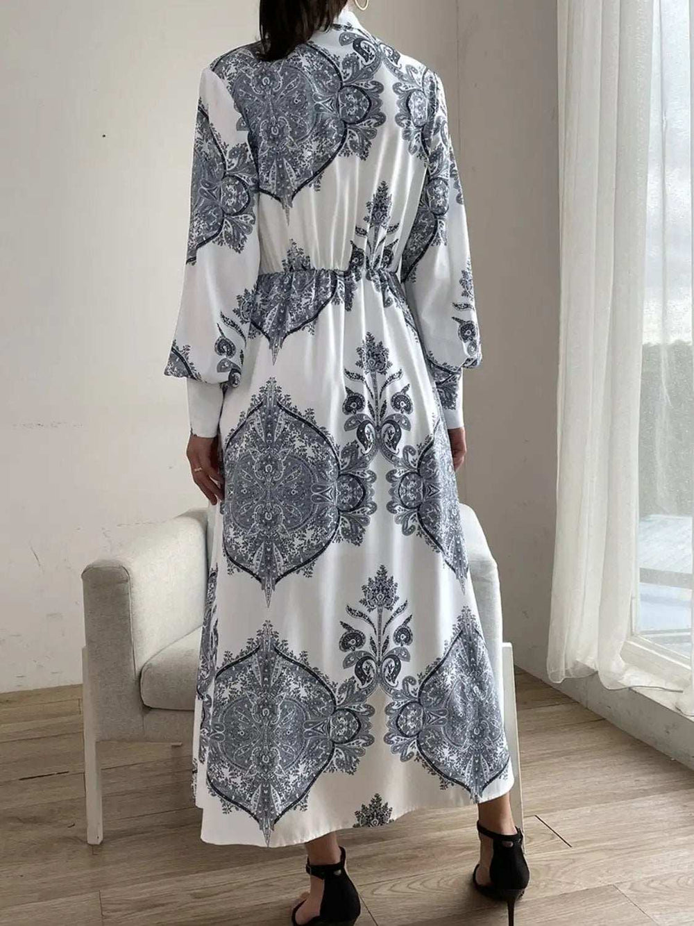 Printed Notched Lantern Sleeve Midi Dress - Trendsi - Flyclothing LLC