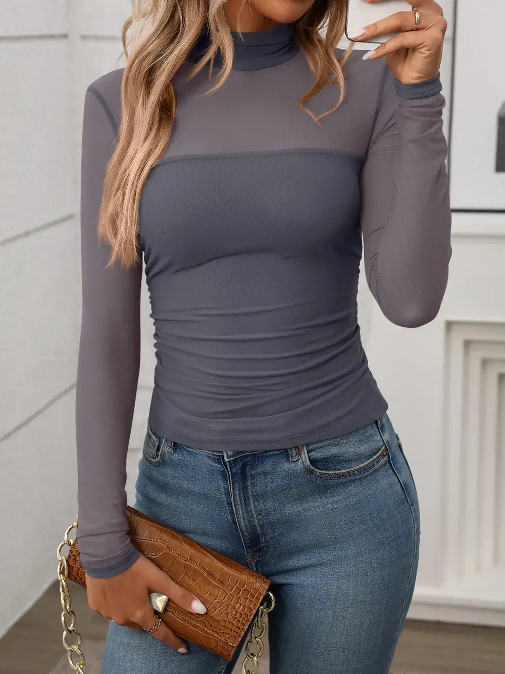 Mock Neck Long Sleeve Top - Trendsi - Flyclothing LLC