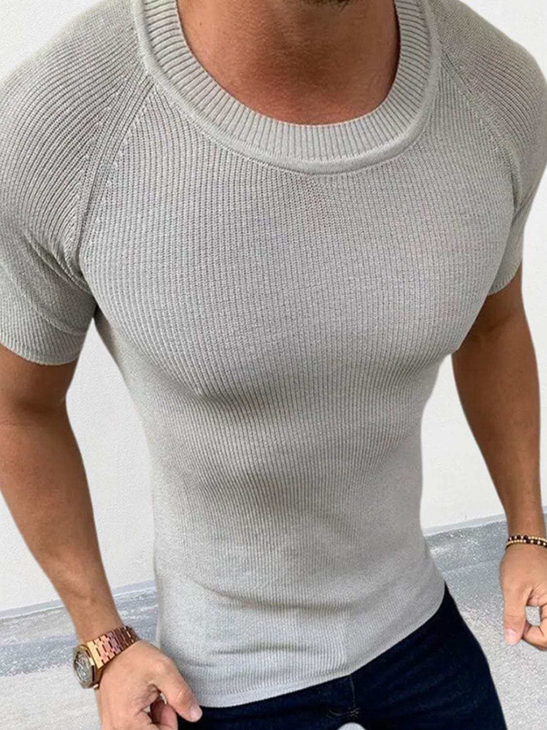 Men's Round Neck Short Sleeve Ribbed Knit T-Shirt - Trendsi - Flyclothing LLC