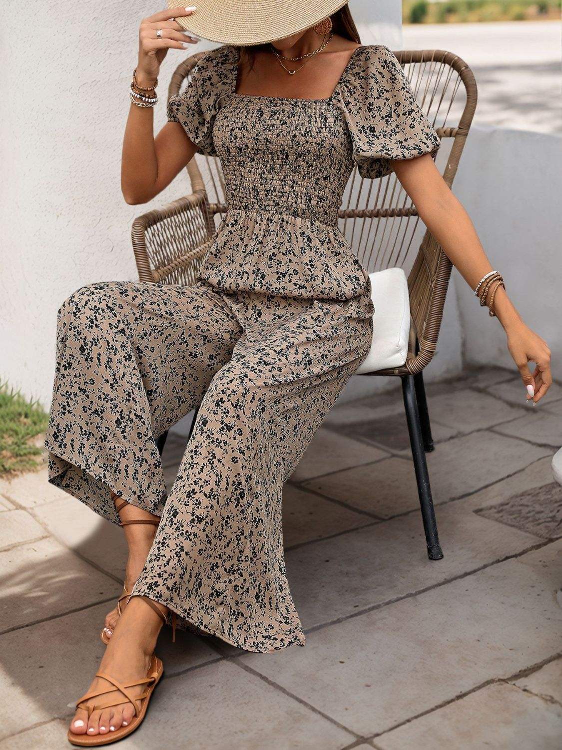 Perfee Smocked Printed Square Neck Puff Sleeve Jumpsuit - Trendsi - Flyclothing LLC
