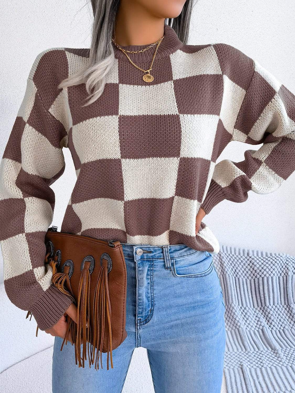 Checkered Mock Neck Long Sleeve Sweater - Trendsi - Flyclothing LLC