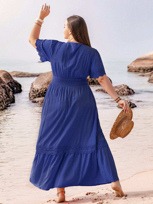 Plus Size Lace Detail Tie Neck Short Sleeve Maxi Dress - Trendsi - Flyclothing LLC