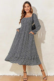 Printed Square Neck Long Sleeve Midi Dress - Trendsi - Flyclothing LLC