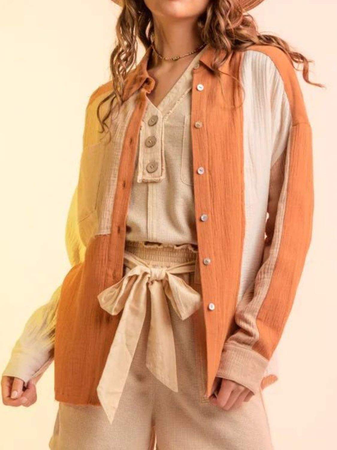 Contrast Button Up Long Sleeve Shirt - Trendsi - Flyclothing LLC