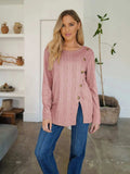 Slit Round Neck Long Sleeve T-Shirt - Trendsi - Flyclothing LLC