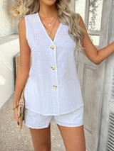 Devine Button Down V-Neck Tank and Shorts Set - Trendsi - Flyclothing LLC