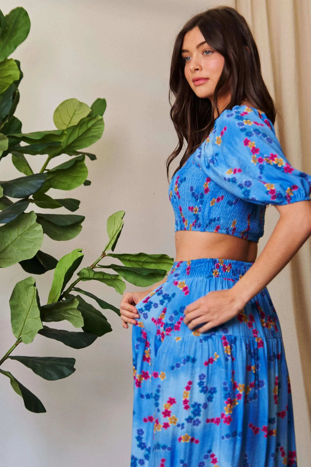 Davi & Dani Smocing Bodice Puff Short Sleeve Printed Crop Top - Trendsi - Flyclothing LLC