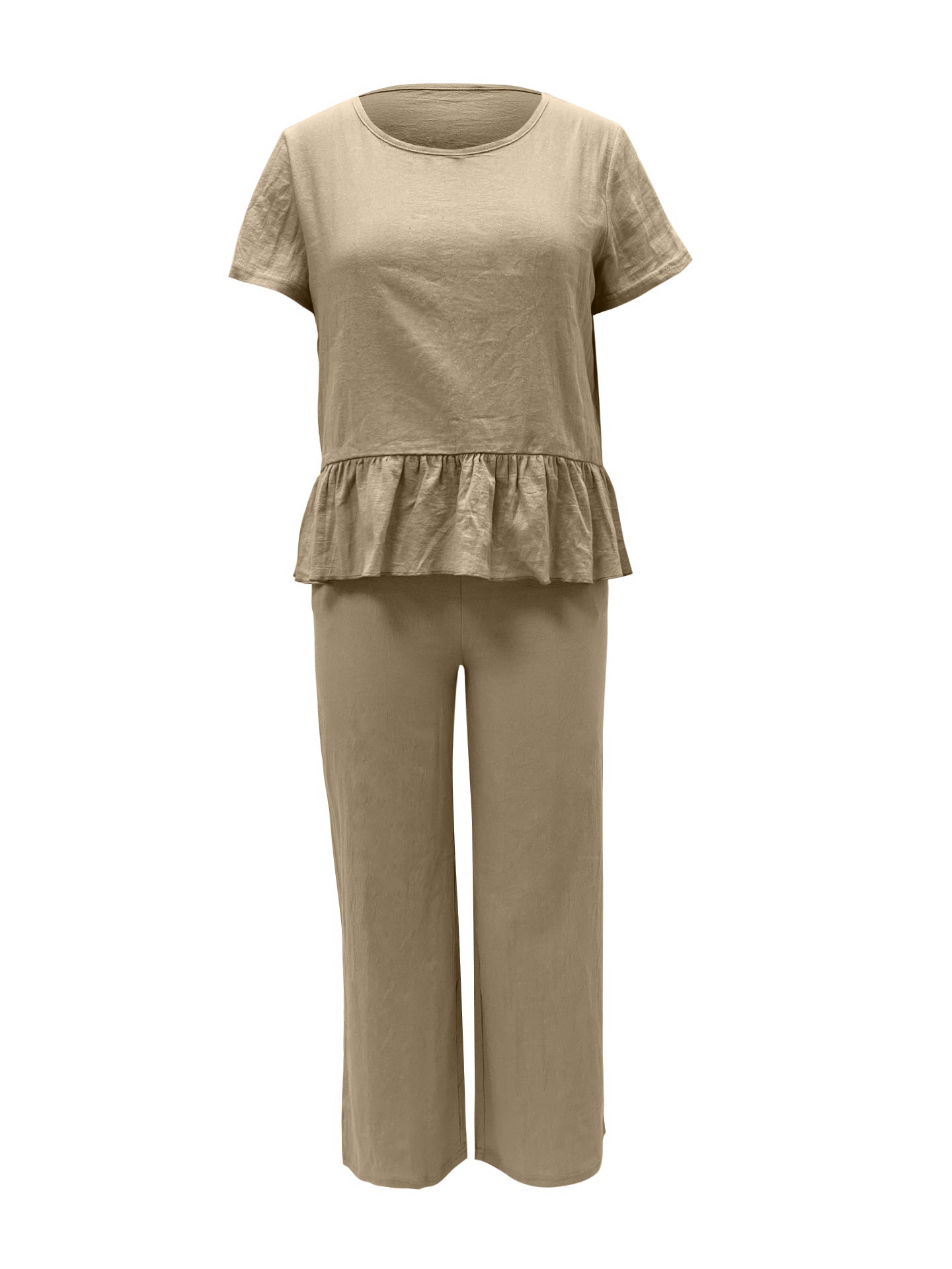 Peplum Round Neck Short Sleeve Top and Pants Set - Trendsi