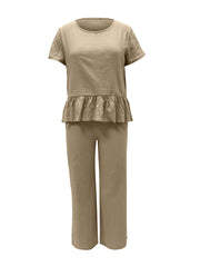 Peplum Round Neck Short Sleeve Top and Pants Set - Trendsi
