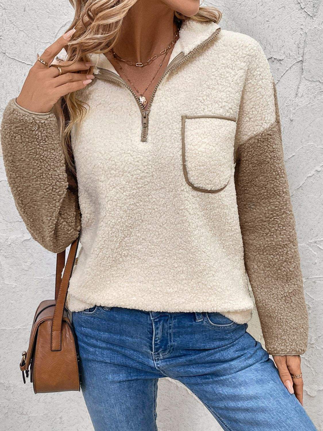 Perfee Contrast Half Zip Long Sleeve Sweatshirt - Trendsi - Flyclothing LLC