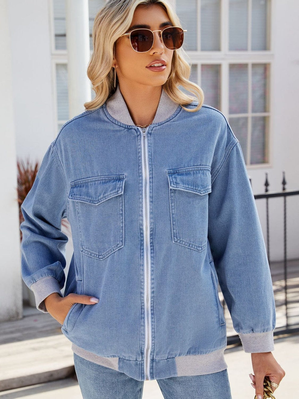 Pocketed Zip Up Baseball Collar Denim Jacket - Trendsi