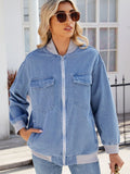 Pocketed Zip Up Baseball Collar Denim Jacket - Trendsi