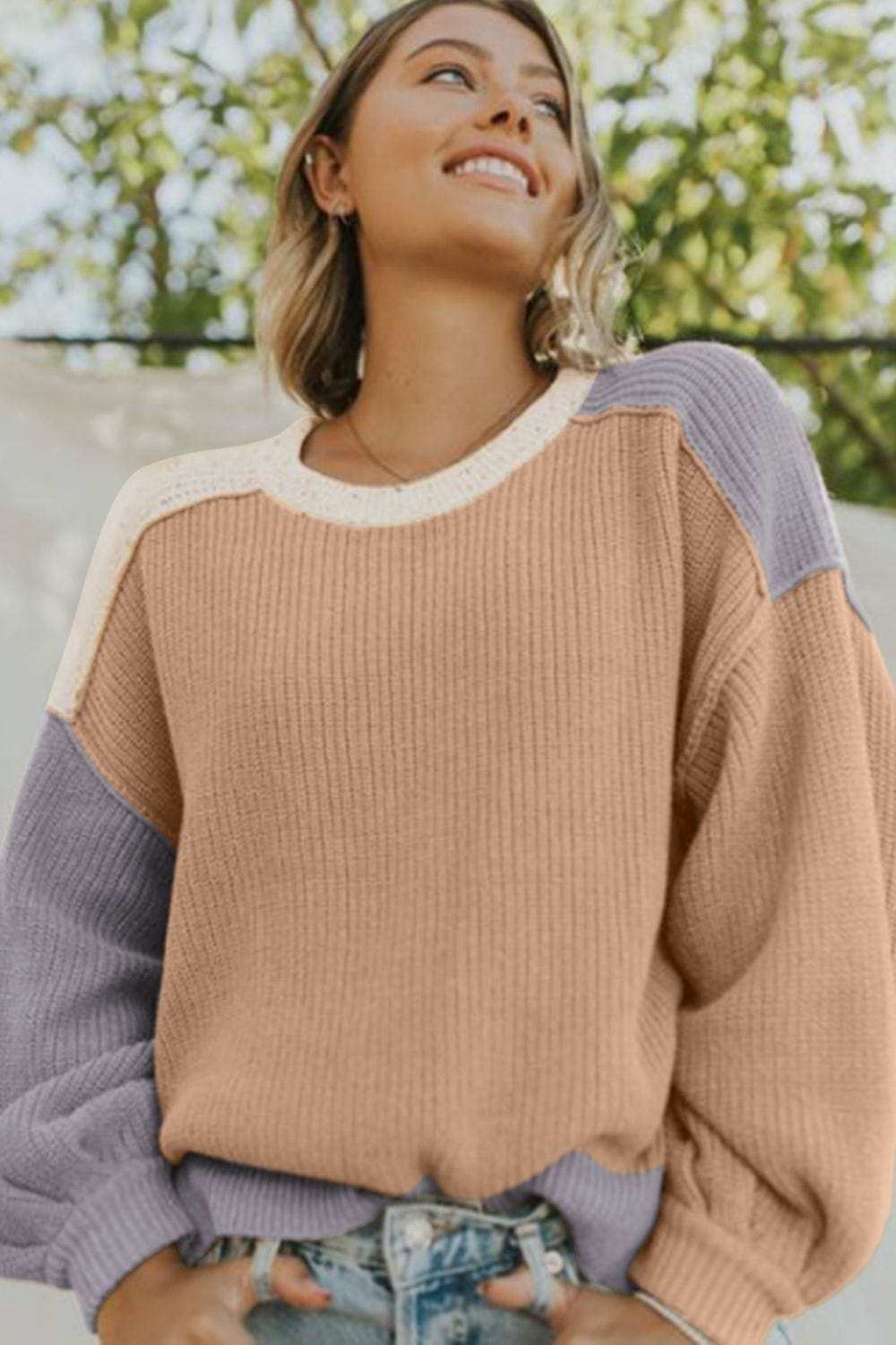 Color Block Round Neck Drop Shoulder Sweater - Trendsi - Flyclothing LLC