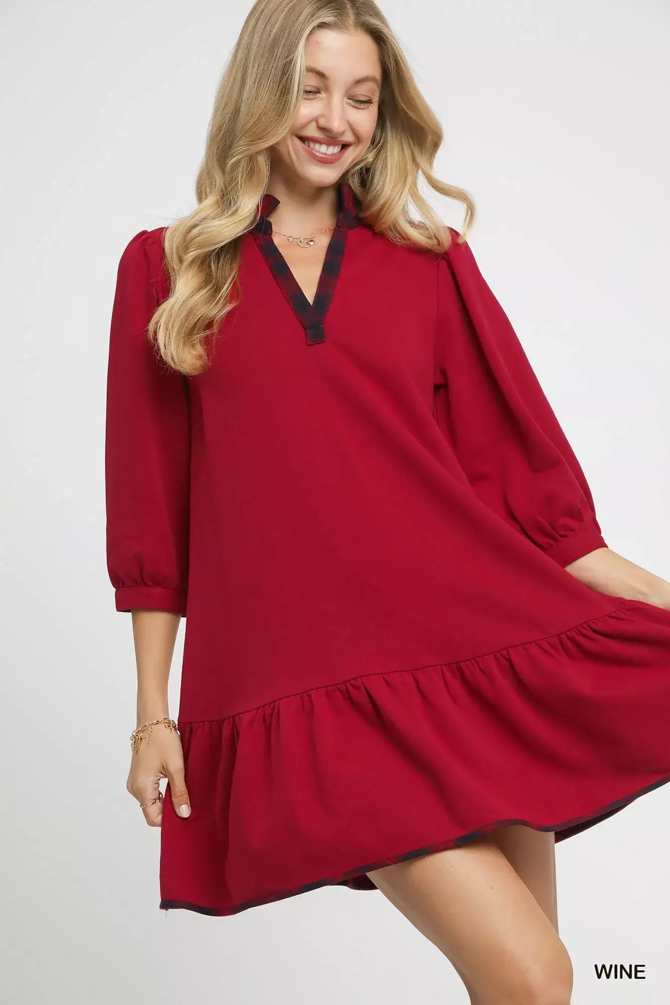 Umgee French Terry Ruffle Hem Dress with Plaid Trim - Trendsi - Flyclothing LLC