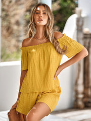 Full Size Off-Shoulder Short Sleeve Top and Tied Shorts Set - Trendsi