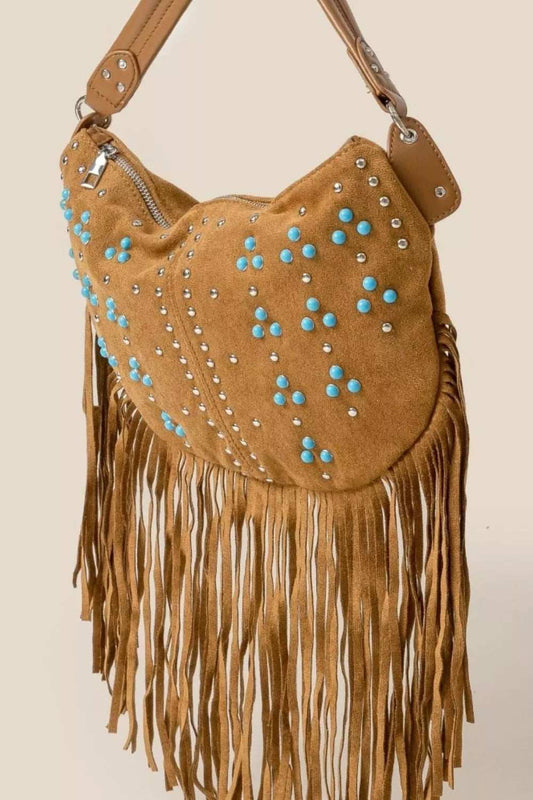 Fame Studded Pattern Multi Fringe Hobo Shoulder Bag - Trendsi - Flyclothing LLC