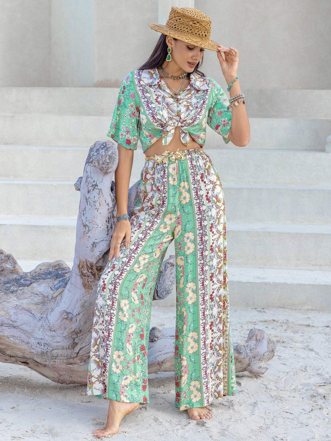Printed Half Sleeve Top and Wide Leg Pants Set - Trendsi - Flyclothing LLC