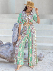 Printed Half Sleeve Top and Wide Leg Pants Set - Trendsi