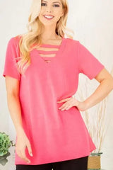 Heimish Full Size V-Neck Short Sleeve T-Shirt with Bar Detail Plus Size - Trendsi - Flyclothing LLC