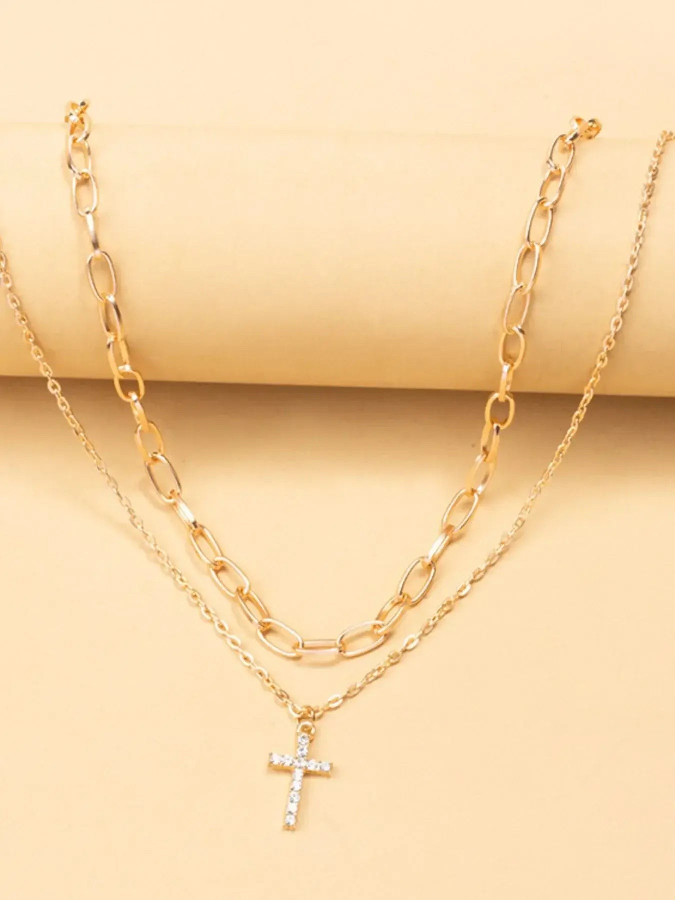 Double Layered Inlaid Zircon Cross Pendant Necklace - Trendsi - Flyclothing LLC