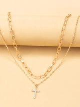 Double Layered Inlaid Zircon Cross Pendant Necklace - Trendsi - Flyclothing LLC