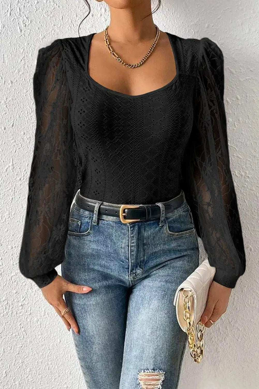 Eyelet Lace Long Sleeve Bodysuit - Trendsi - Flyclothing LLC