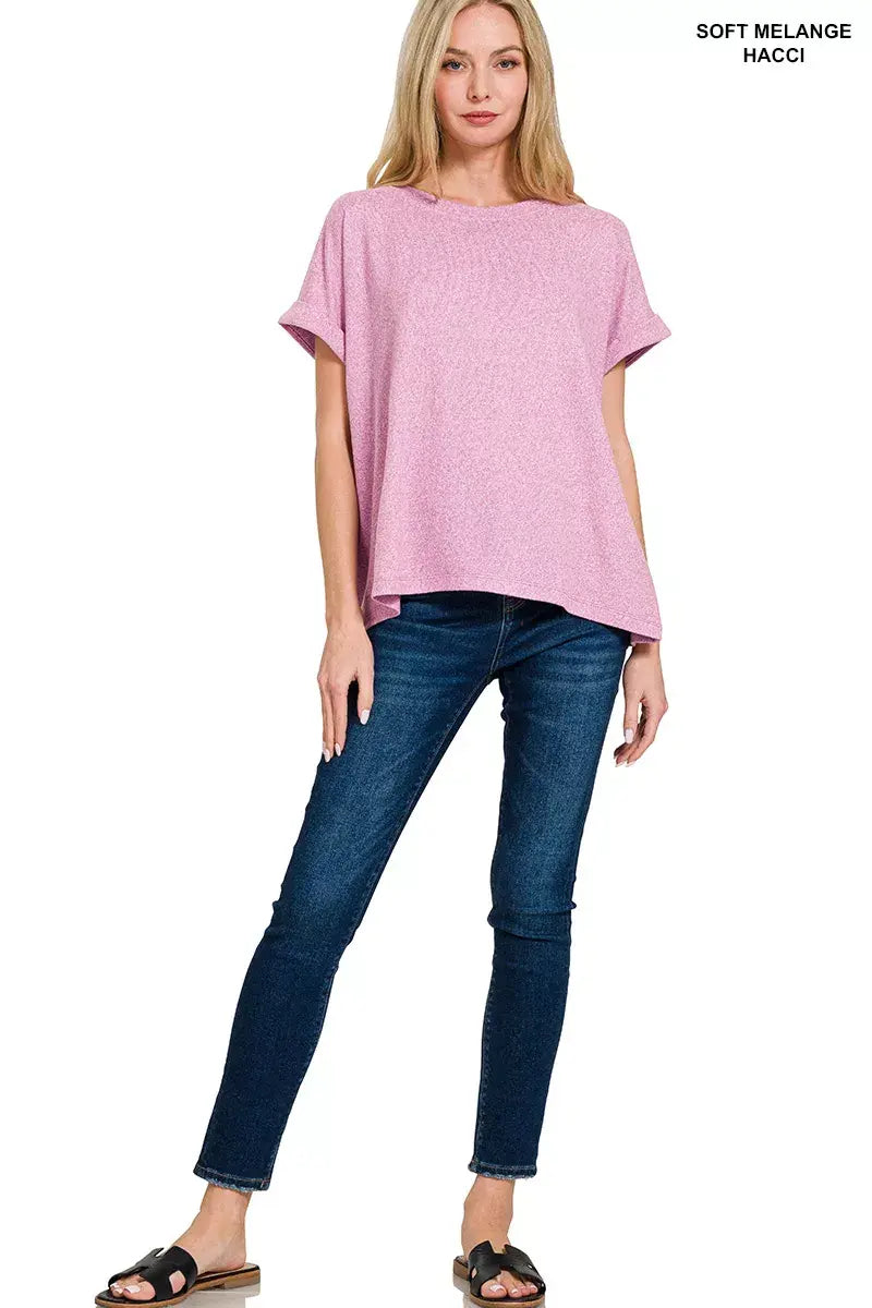 Zenana Soft Melange Hacci Short Sleeve Round Neck Top - Trendsi - Flyclothing LLC
