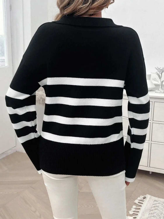 Striped Collared Neck Long Sleeve Sweater - Trendsi - Flyclothing LLC