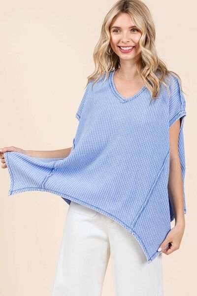 Mittoshop Mineral Wash Waffle Knit Pointed Hem Oversized Top - Trendsi - Flyclothing LLC