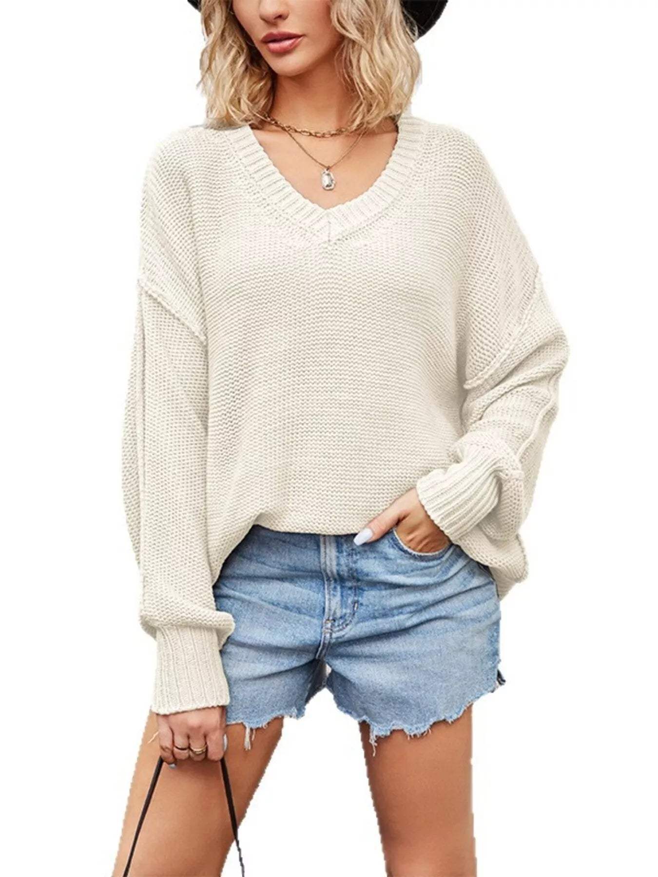 V-Neck Loose Knit Drop Shoulder Sweater - Trendsi - Flyclothing LLC