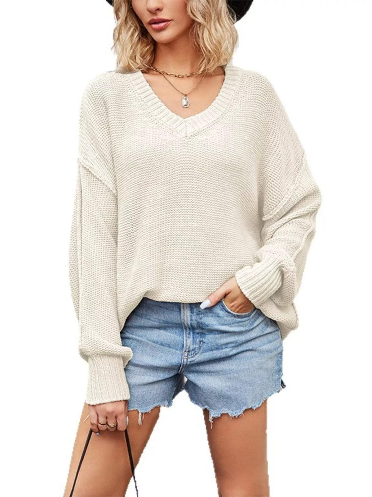 V-Neck Loose Knit Drop Shoulder Sweater - Trendsi - Flyclothing LLC