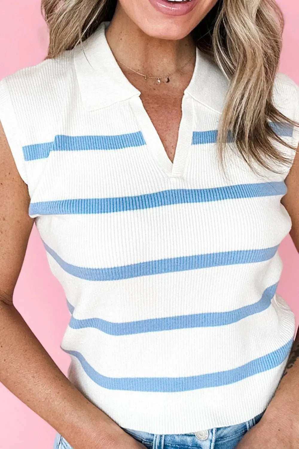 Stripe Split V Neck Collared Ribbed Sweater Vest - Trendsi - Flyclothing LLC