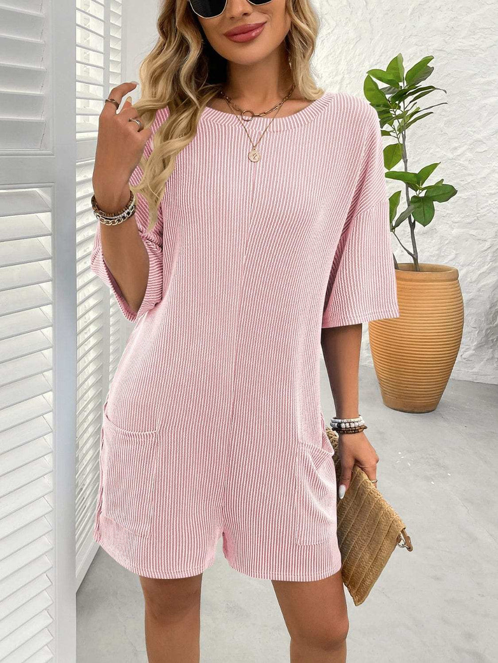 Backless Textured Round Neck Half Sleeve Romper - Trendsi - Flyclothing LLC