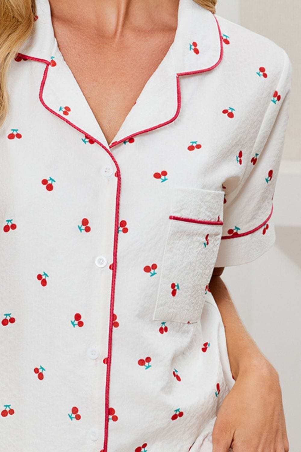 Cheery Print Collared Neck Top and Shorts Lounge Set - Trendsi - Flyclothing LLC