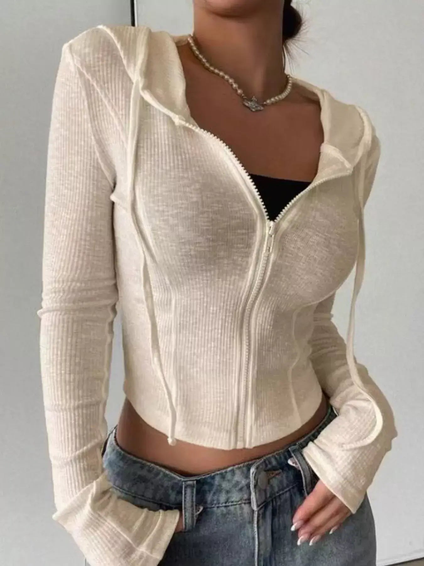 Ribbed Knit Cropped Zip-Up Outerwear - Trendsi - Flyclothing LLC