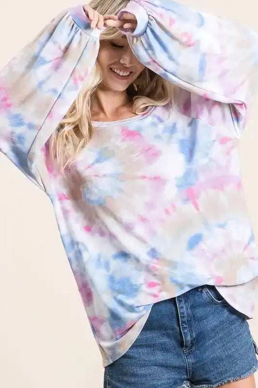 BiBi Tie Dye Print Terry Top With Puff Sleeves - Trendsi - Flyclothing LLC