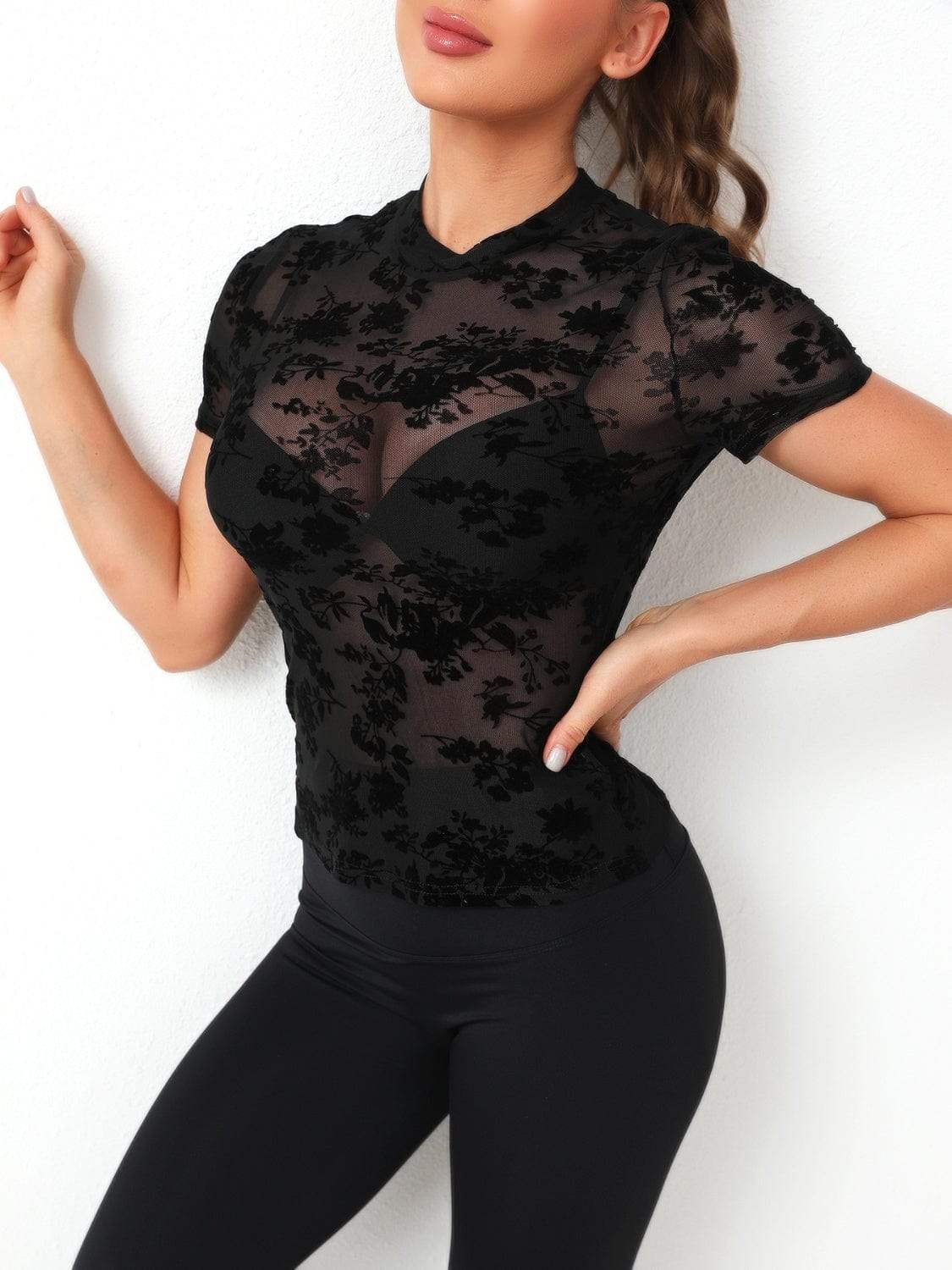 Mock Neck Short Sleeve Top - Trendsi - Flyclothing LLC