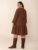 Plus Size Tie Neck Balloon Sleeve Tiered Dress - Trendsi - Flyclothing LLC