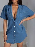Button Down Collared Neck Denim Dress - Trendsi