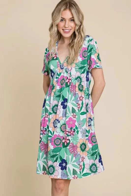 BOMBOM Ruched Floral V-Neck Short Sleeve Dress - Trendsi - Flyclothing LLC