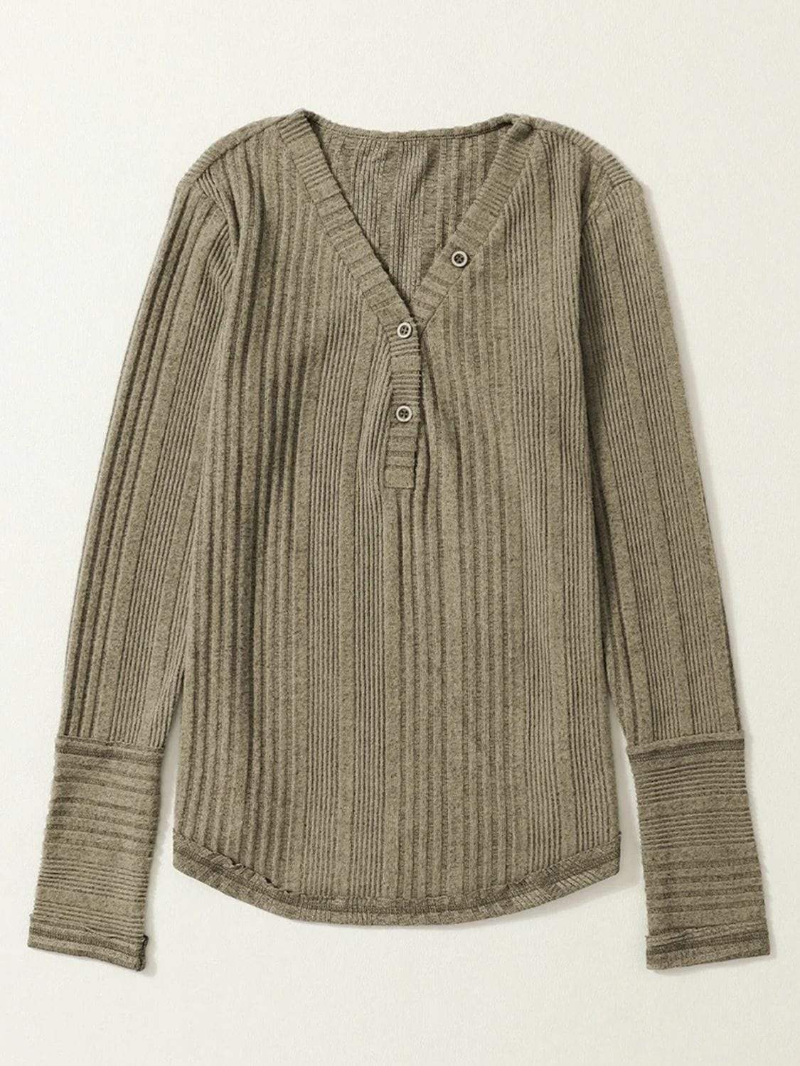 Textured V-Neck Long Sleeve T-Shirt - Trendsi - Flyclothing LLC