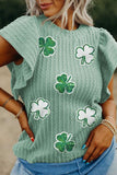 Sequin Lucky Clover Round Neck Cap Sleeve Blouse - Trendsi