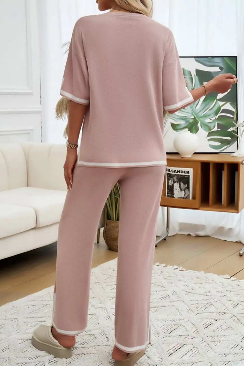 Devine Contrast Trim Half Sleeve Top and Pants Set - Trendsi - Flyclothing LLC