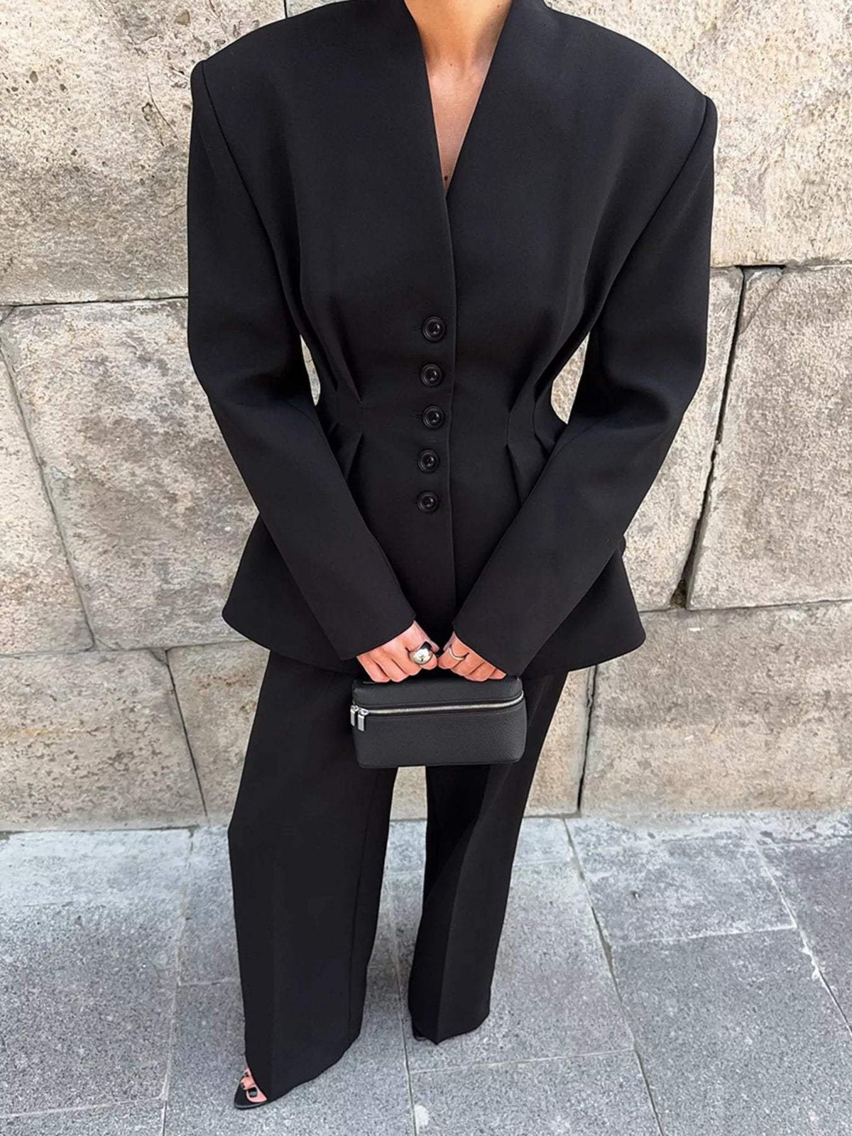 Chic Button Down Pleated Blazer and Wide-Leg Pants Suit Set - Trendsi - Flyclothing LLC